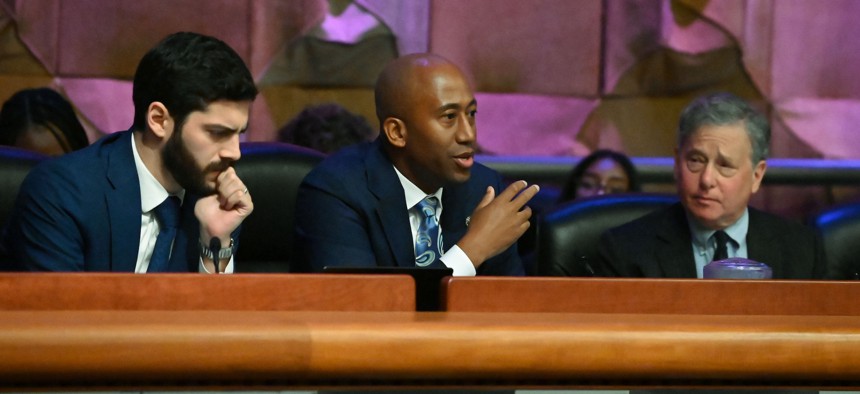 Assembly Members Alex Bores, Clyde Vanel and Steven Otis question witnesses during an Assembly hearing on artificial intelligence on Sept. 20, 2024.