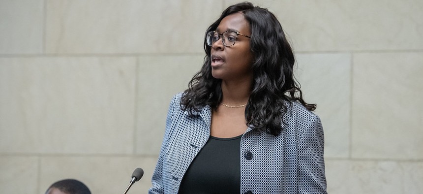 Assembly Member Phara Souffrant Forrest recalled growing up in a rent-stabilized apartment owned by Pinnacle Group that suffered from power outages, ceiling cave-ins and a lack of heat in the winter.