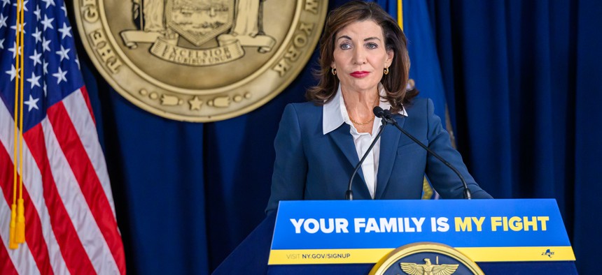 Gov. Kathy Hochul speaks at a press conference in Albany on Dec. 4, 2025.