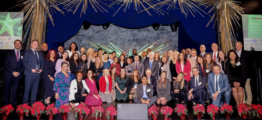 Honorees who are part of the 2025 Responsible 100 gather onstage at Sony Hall.