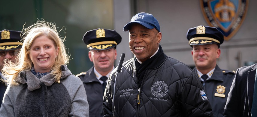 Mayor Eric Adams and NYPD Commissioner Jessica S. Tisch delivered a security briefing in Times Square on Dec. 30, 2025, ahead of New Year's Eve festivities. 