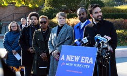 Mayor-elect Zohran Mamdani appears with transition committee members on Nov. 24. From left: Taxi Workers Alliance President Bhairavi Desai, Darrick Hamilton of The New School, Tara Gardner of the Daycare Council of NY, Open New York Executive Director Annemarie Gray, Brooklyn Children’s Museum Executive Director Atiba Edwards and Mamdani.
