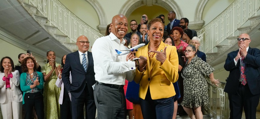Mayor Eric Adams and City Council Speaker Adrienne Adams in happier times, shaking hands on the city budget on June 28, 2024.