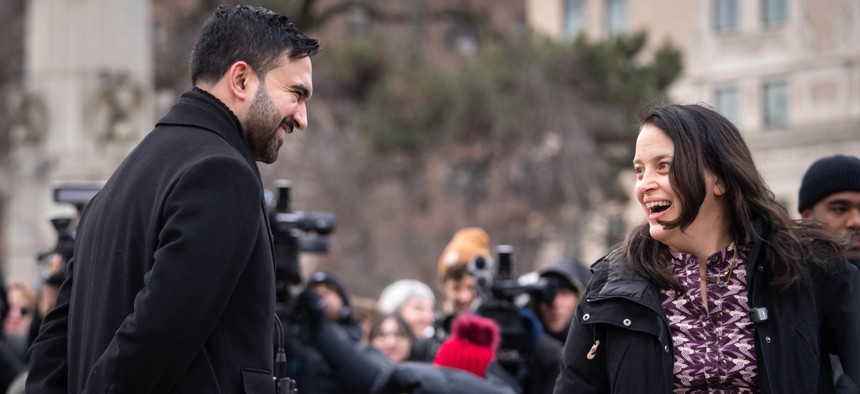 Mayor Zohran Mamdani welcomes Commissioner Tascha Van Auken in Grand Army Plaza.