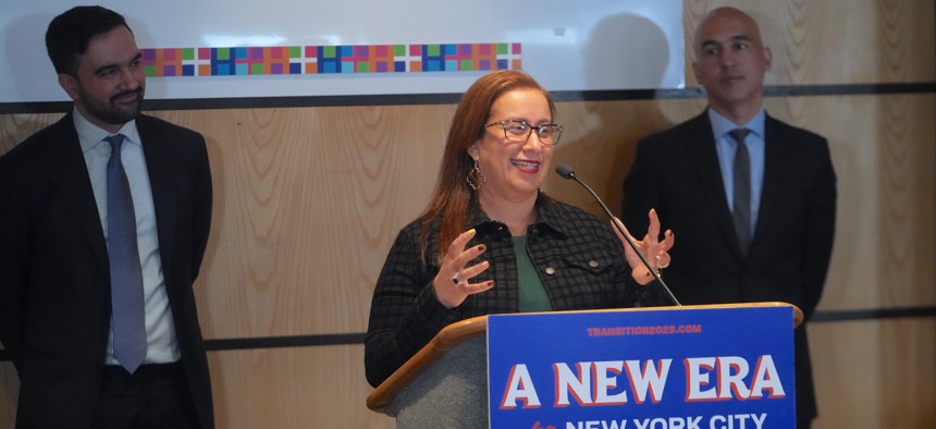Mayor Zohran Mamdani, left, named Helen Arteaga Andaverde, center, his deputy mayor for health and human services at a press conference on Dec. 30, 2025.