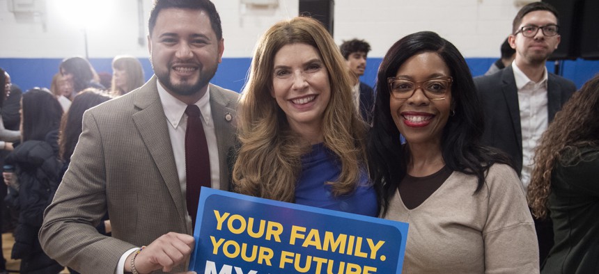 Speaker Julie Menin, center, with Council Members Justin Sanchez, left, and Rita Joseph, right.