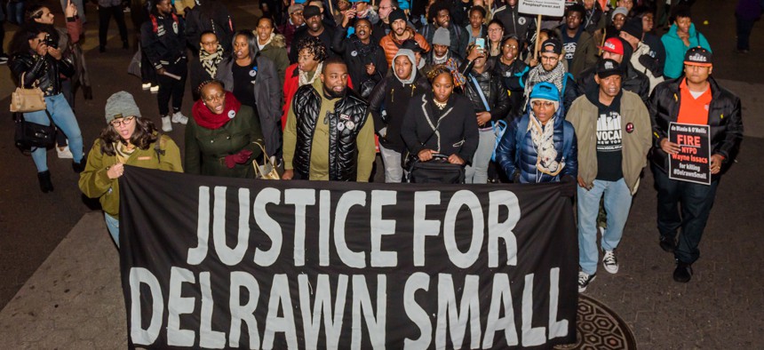 New Yorkers and community advocates protest after NYPD Officer Wayne Isaacs, who shot and killed Delrawn Small, was found not guilty of murder and manslaughter charges on Nov. 9, 2017.