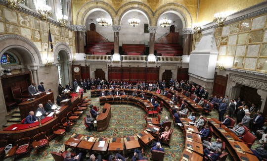 Lt. Gov. Antonio Delgado, far left, presides over the state Senate on Jan. 7, 2026, the first day of the legislative session.