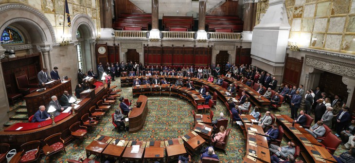 Lt. Gov. Antonio Delgado, far left, presides over the state Senate on Jan. 7, 2026, the first day of the legislative session.