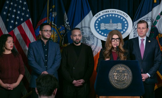 From left: City Council Members Alexa Avilés and Shaun Abreu, NYIC’s Murad Awawdeh, Speaker Julie Menin and Rep. Dan Goldman.