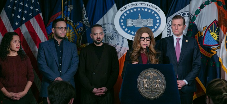 From left: City Council Members Alexa Avilés and Shaun Abreu, NYIC’s Murad Awawdeh, Speaker Julie Menin and Rep. Dan Goldman.
