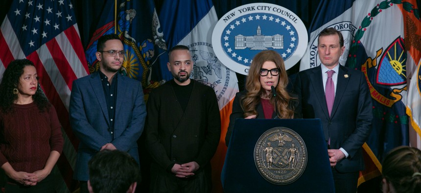 From left: City Council Members Alexa Avilés and Shaun Abreu, NYIC’s Murad Awawdeh, Speaker Julie Menin and Rep. Dan Goldman.