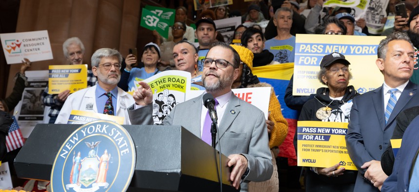 State Sen. Luis Sepúlveda speaks at a rally in support of the New York for All Act in the state Capitol on Jan. 12, 2026.
