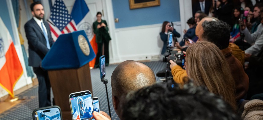 New York City Mayor Zohran Mamdani holds a press conference of sorts with “new media” influencers and content creators in the Blue Room in City Hall on Jan. 7, 2026.