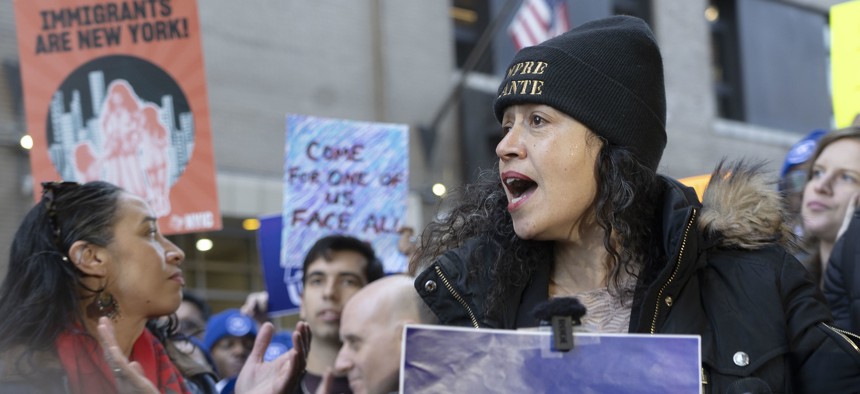 City Council Member Alexa Avilés, who led the Immigration Committee in her first four years in the council, attends a rally in support of a City Council employee detained by ICE.
