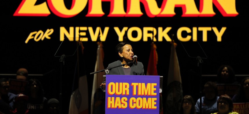 Rep. Nydia Velázquez speaks at a campaign rally for Zohran Mamdani on Oct. 13, 2025.