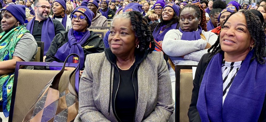 1199 SEIU President Yvonne Armstrong attends a "Code Red: Protect our Health Care" rally in Albany on Jan. 12, 2026.