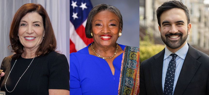From left to right: Kathy Hochul, Andrea Stewart-Cousins & Zohran Mamdani