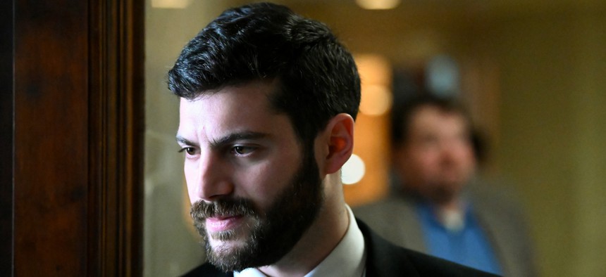 Assemblymember Alex Bores, seen here at the state Capitol on May 13, 2024, said he left Palantir over its work with ICE. But he didn't leave quickly.