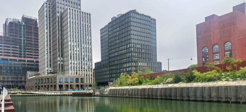 New residential buildings rise along the Gowanus Canal, once a center of industrial activity.