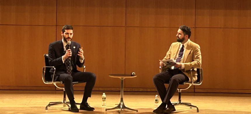 Assembly Member Alex Bores, left, and City & State Editor-in-Chief Jeff Coltin, right