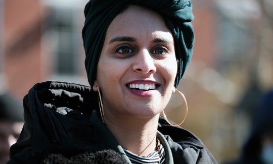 Rana Abdelhamid, seen here campaigning for a 2022 congressional run she aborted after redistricting, is now running in an Assembly special election.