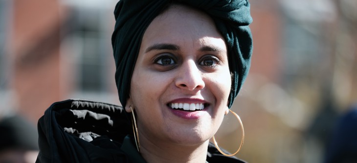 Rana Abdelhamid, seen here campaigning for a 2022 congressional run she aborted after redistricting, is now running in an Assembly special election.