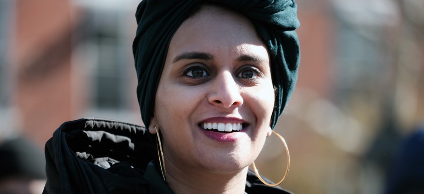 Rana Abdelhamid, seen here campaigning for a 2022 congressional run she aborted after redistricting, is now running in an Assembly special election.