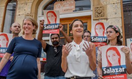DSA candidate Julia Salazar, right, campaigns with Attorney General candidate Zephyr Teachout in 2018.