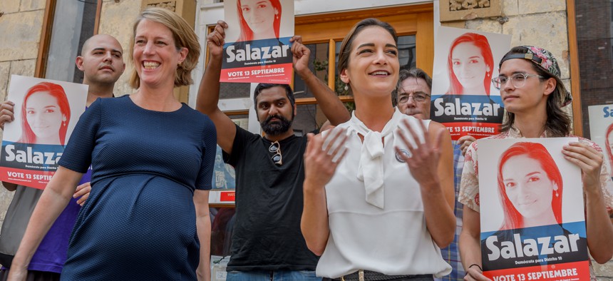 DSA candidate Julia Salazar, right, campaigns with Attorney General candidate Zephyr Teachout in 2018.