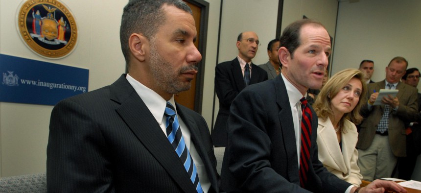 Eliot Spitzer, center, with his successor David Paterson, left.