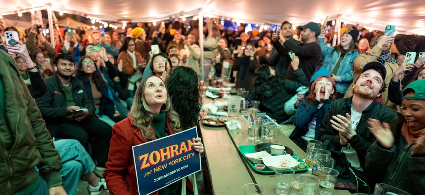 Democratic socialists gather for an election night watch party hosted by NYC-DSA in Astoria, Queens.