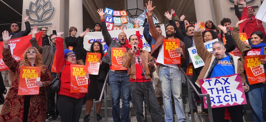 Gustavo Gordillo speaks at a Tax the Rich rally in Union Square on Nov. 16.