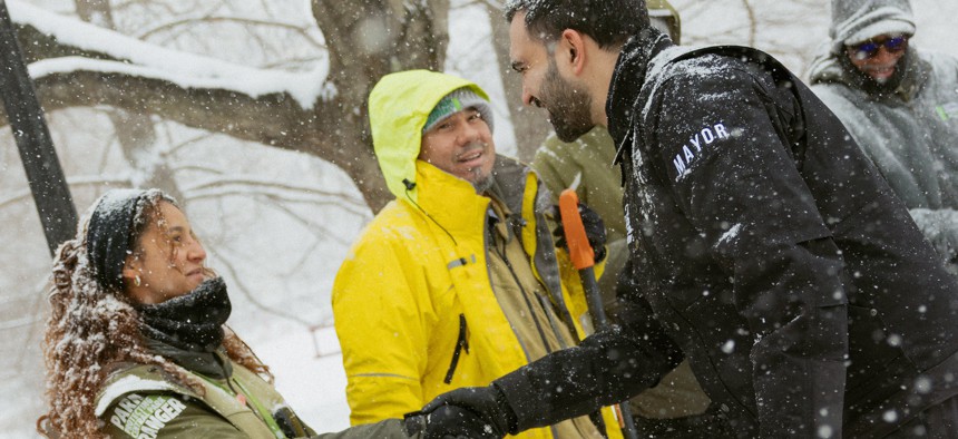 Mayor Zohran Mamdani greeted Parks Department workers on Sunday.