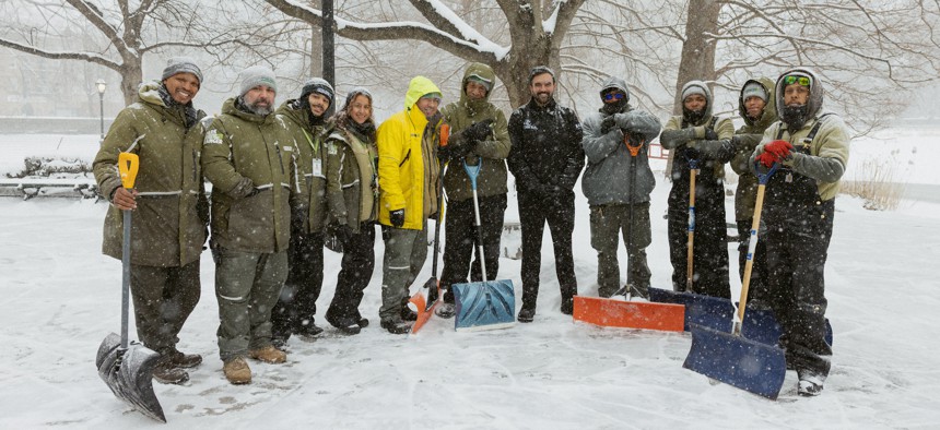 The mayor was out shoveling snow on Sunday, but was noticeably not donning a hat.
