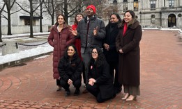 Members of DSA’s State Socialists in Office Committee pose in Albany. Back row: State Sen. Julia Salazar, Assembly Member Emily Gallagher, state Sen. Jabari Brisport, Assembly Member Marcela Mitaynes and state Sen. Kristen Gonzalez. Front row: Assembly Members Sarahana Shrestha and Claire Valdez.