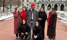 Members of DSA’s State Socialists in Office Committee pose in Albany. Back row: State Sen. Julia Salazar, Assembly Member Emily Gallagher, state Sen. Jabari Brisport, Assembly Member Marcela Mitaynes and state Sen. Kristen Gonzalez. Front row: Assembly Members Sarahana Shrestha and Claire Valdez.