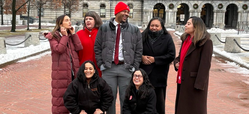 Members of DSA’s State Socialists in Office Committee pose in Albany. Back row: State Sen. Julia Salazar, Assembly Member Emily Gallagher, state Sen. Jabari Brisport, Assembly Member Marcela Mitaynes and state Sen. Kristen Gonzalez. Front row: Assembly Members Sarahana Shrestha and Claire Valdez.
