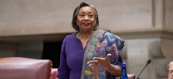 State Senate Majority Leader Andrea Stewart-Cousins speaks in the Senate chamber on Jan. 20, 2026.