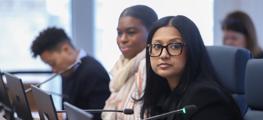 New York City Council Members Crystal Hudson, Shanel Thomas-Henry and Shahana Hanif attend a landmarks committee hearing on Jan. 27, 2026.