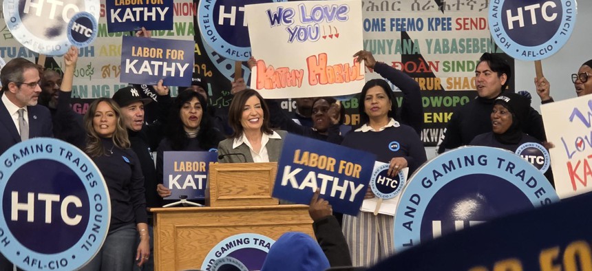 Gov. Kathy Hochul attends a campaign event at the headquarters of the Hotel and Gaming Trades Council on Jan. 28, 2026.