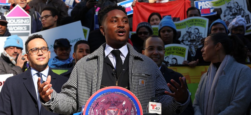 New York City Council Member Chi Ossé rallies for his bill to ban forced broker fees for rental housing on Nov. 13, 2024. Ossé is noe expanding his fight for housing justice to take on deed theft.