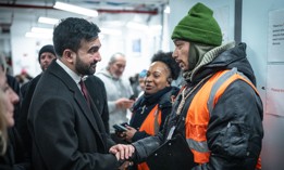 Mayor Zohran Mamdani visits a drop-in heating center during a frigid cold snap.