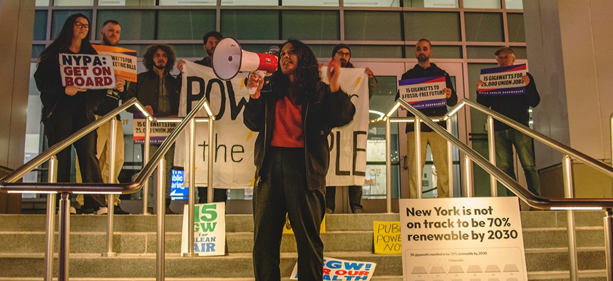 Assembly Member Sarahana Shrestha speaks outside a New York Power Authority public hearing. 