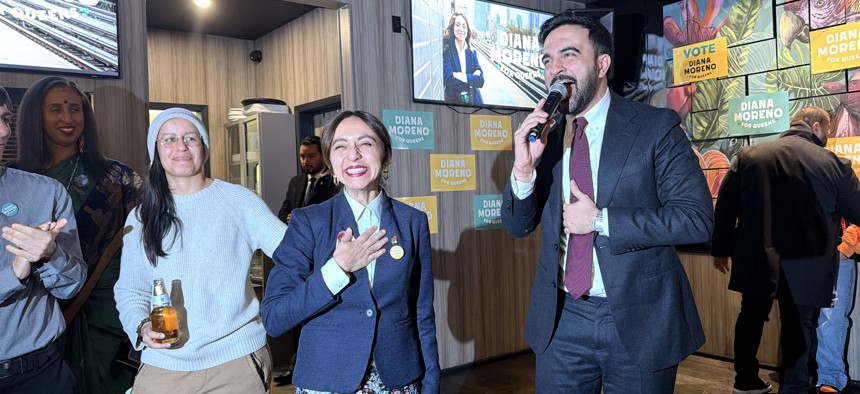 Mayor Zohran Mamdani introduces Assembly Member-elect Diana Moreno at her election night party in Astoria, Queens.