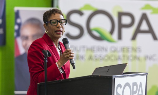 Former City Council Speaker Adrienne Adams speaks at the Southeast Queens senior appreciation month kickoff. 