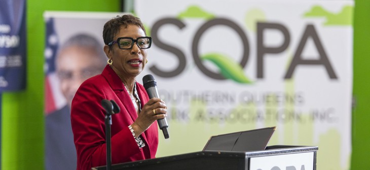 Former City Council Speaker Adrienne Adams speaks at the Southeast Queens senior appreciation month kickoff. 