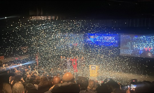 Confetti filled the air and obscured New York’s Democratic incumbents after they were nominated again at the party convention.