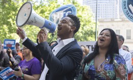 New York City Council Members Chi Ossé and Shahana Hanif rallied against broker fees in 2024.