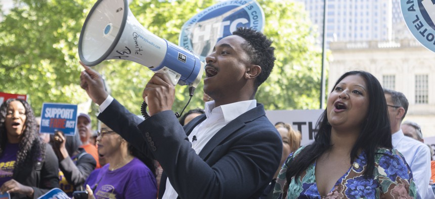 New York City Council Members Chi Ossé and Shahana Hanif rallied against broker fees in 2024.